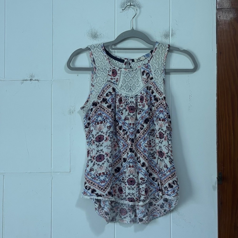 Jolt Womens Large Boho Floral Geometric Lace Yoke Sleeveless Top